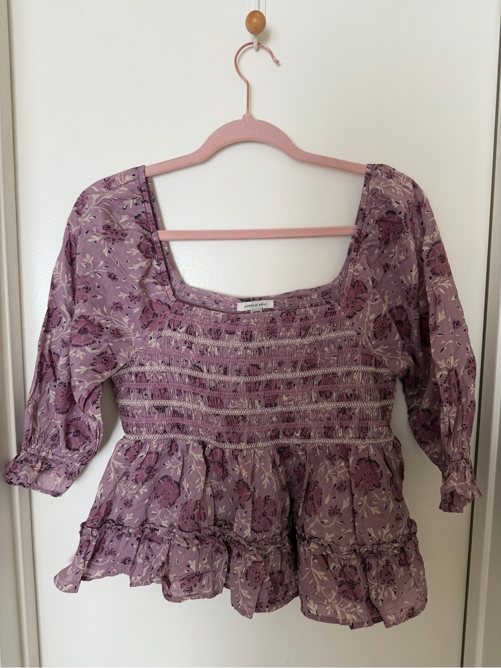 Floral American Eagle Smocked Square-Neck Peasant Puff Sleeve Blouse